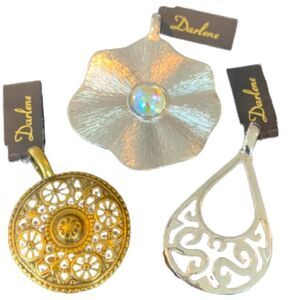 Trio of Large Pendants – Silver Flower, Filigree Teardrop, Bronze Medallion